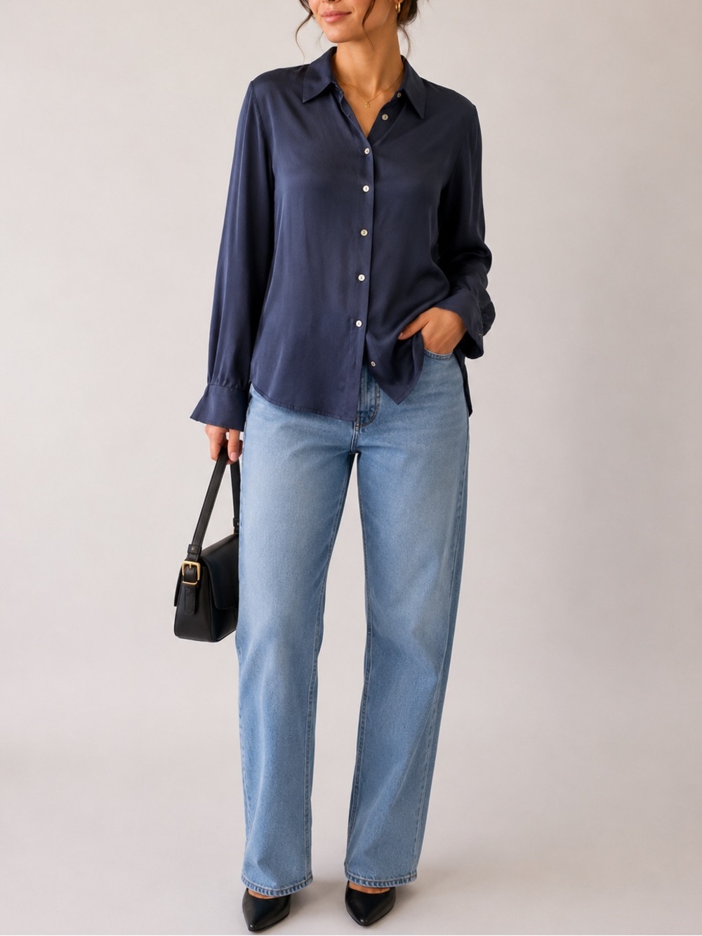 Vintage 100% Silk Navy Button Front Blouse